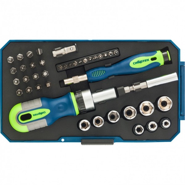 Отвертки реверсивные с набором бит и торцевыми головками, 41 шт, CrV Сибртех 13338