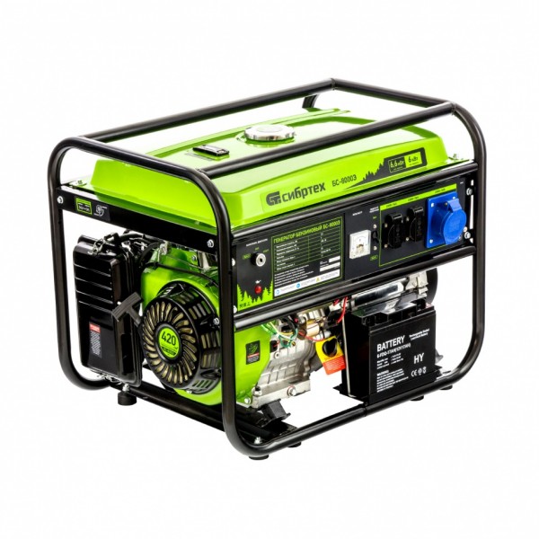Генератор бензиновый БС-8000Э, 6,6 кВт, 230В, четырехтактный, 25 л, электростартер Сибртех 94549