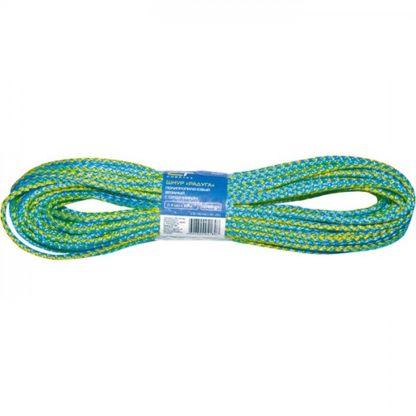 Шнур вязаный полипропиленовый с серд.Радуга, 6 мм, L 20 м, Россия Сибртех 93954