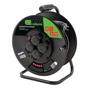Удлинитель силовой на кабельной катушке, ПВС, 50 м, 4 розетки с крышкой, IP44, 16А, УХз16, Россия Сибртех 96048