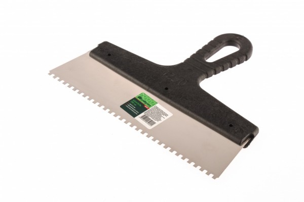 Шпатель из нержавеющей стали, 250 мм, зуб 4 х 4 мм, пластмассовая ручка Сибртех 85457
