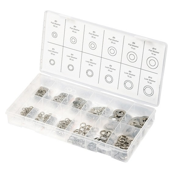 Набор шайб и гроверов, D шайб: 3, 4, 5, 6, 8, 10 мм D гроверов: 3, 4, 5, 6, 8, 10 мм, 350 предметов Сибртех 47614