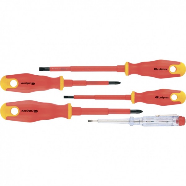 Набор отверток диэлектрических до 1000 В, 5 шт, тестер, CrV, двухкомпонентные рукоятки Сибртех 12937